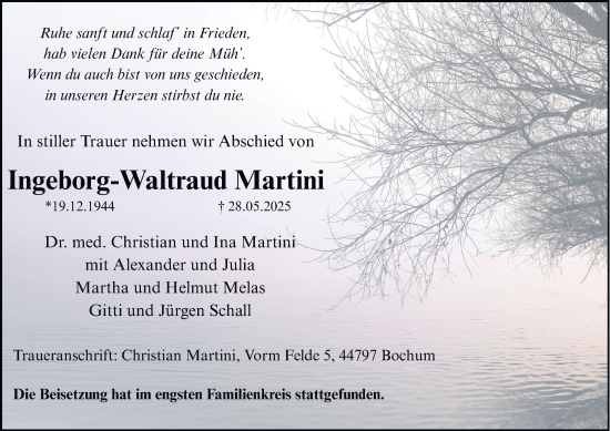 Traueranzeige von Ingeborg-Waltraud Martini von Tageszeitung