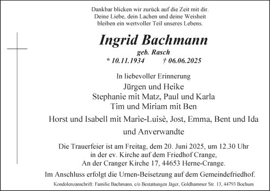 Traueranzeige von Ingrid Bachmann von Tageszeitung