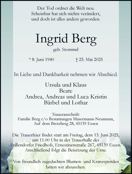 Traueranzeige von Ingrid Berg von Tageszeitung