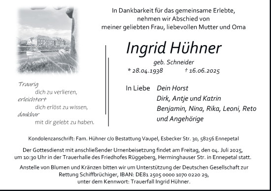 Traueranzeige von Ingrid Hühner von Tageszeitung