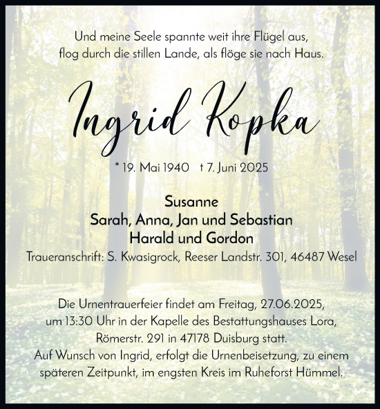 Traueranzeige von Ingrid Kopka von Tageszeitung