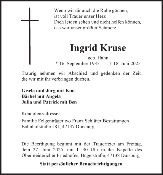 Traueranzeige von Ingrid Kruse von Tageszeitung