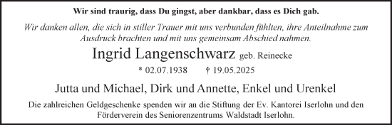 Traueranzeige von Ingrid Langenschwarz von Tageszeitung