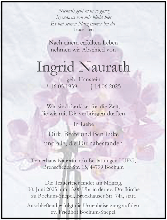 Traueranzeige von Ingrid Naurath von Tageszeitung