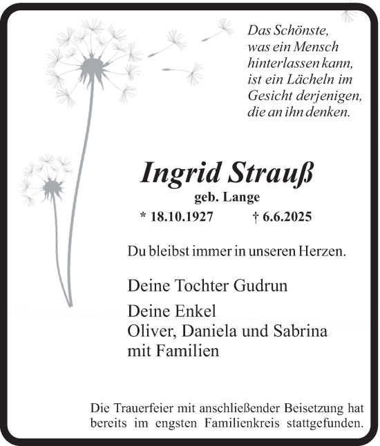 Traueranzeige von Ingrid Strauß von Tageszeitung