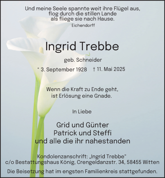 Traueranzeige von Ingrid Trebbe von Tageszeitung