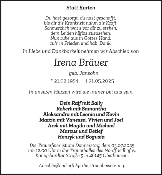 Traueranzeige von Irena Bräuer von Tageszeitung