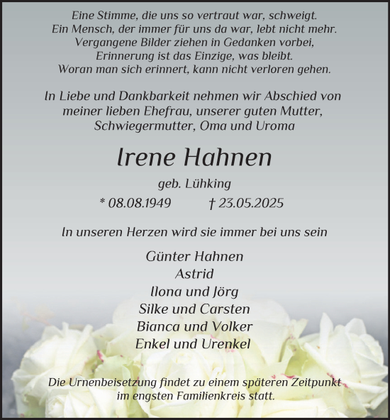 Traueranzeige von Irene Hahnen von Tageszeitung