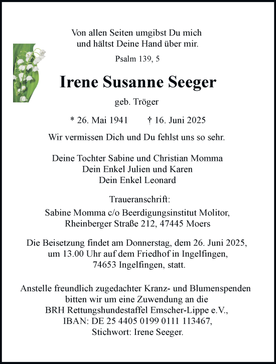 Traueranzeige von Irene Susanne Seeger von Tageszeitung