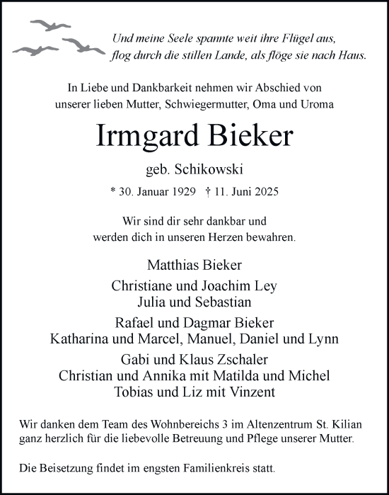 Traueranzeige von Irmgard Bieker von Tageszeitung