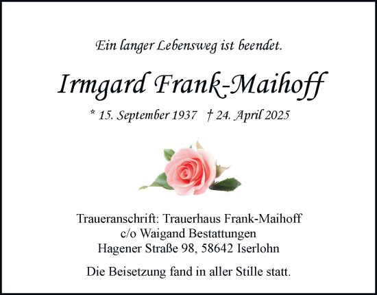 Traueranzeige von Irmgard Frank-Maihoff von Tageszeitung