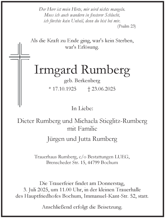 Traueranzeige von Irmgard Rumberg von Tageszeitung
