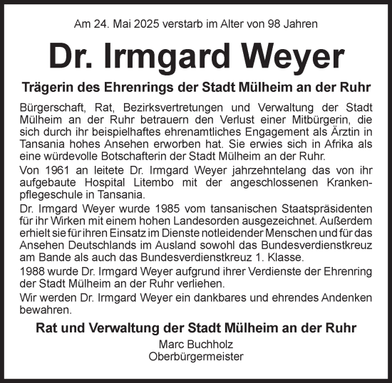 Traueranzeige von Irmgard Weyer von Tageszeitung