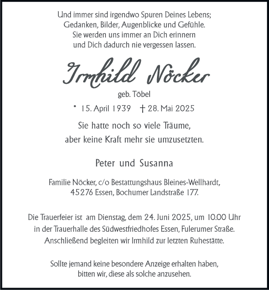 Traueranzeige von Irmhild Nöcker von Tageszeitung