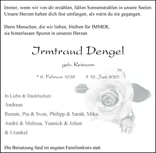 Traueranzeige von Irmtraud Dengel von Tageszeitung