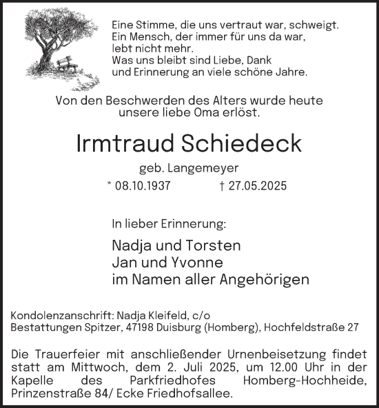 Traueranzeige von Irmtraud Schiedeck von Tageszeitung