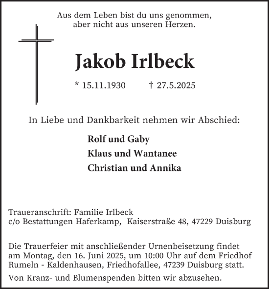 Traueranzeige von Jakob Irlbeck von Tageszeitung
