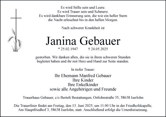 Traueranzeige von Janina Gebauer von Tageszeitung