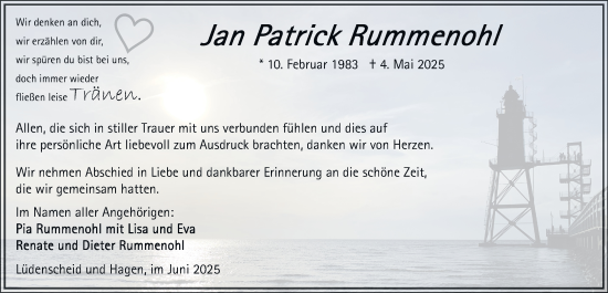 Traueranzeige von Jan Patrick Rummenohl von Tageszeitung