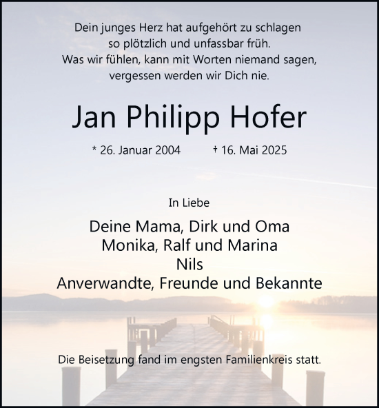 Traueranzeige von Jan Philipp Hofer von Tageszeitung