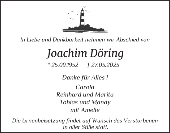 Traueranzeige von Joachim Döring von Tageszeitung