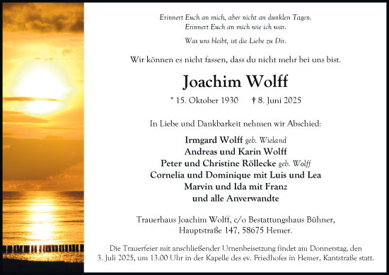 Traueranzeige von Joachim Wolff von Tageszeitung
