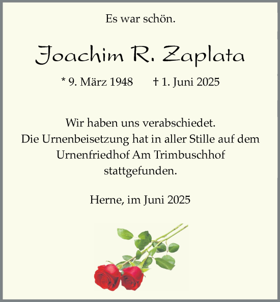 Traueranzeige von Joachim Zaplata von Tageszeitung