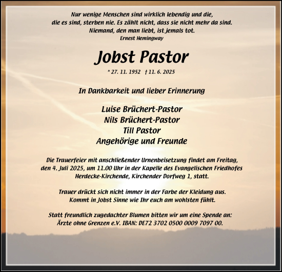 Traueranzeige von Jobst Pastor von Tageszeitung