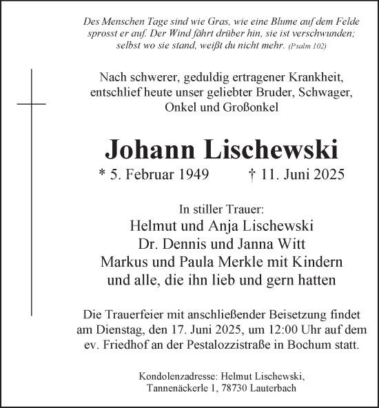 Traueranzeige von Johann Lischewski von Tageszeitung