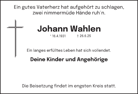 Traueranzeige von Johann Wahlen von Tageszeitung