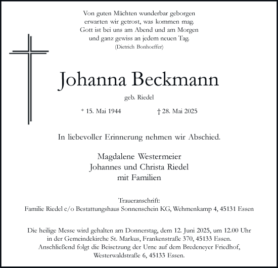 Traueranzeige von Johanna Beckmann von Tageszeitung