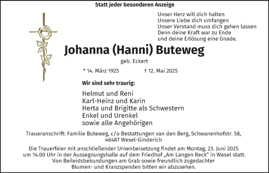 Traueranzeige von Johanna Buteweg von Tageszeitung