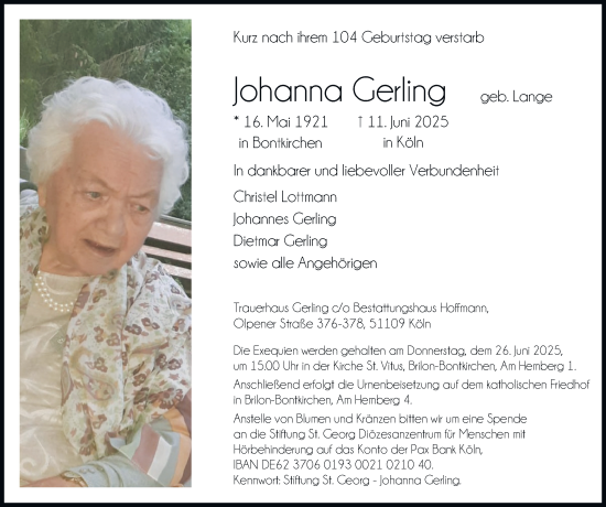 Traueranzeige von Johanna Gerling von Tageszeitung