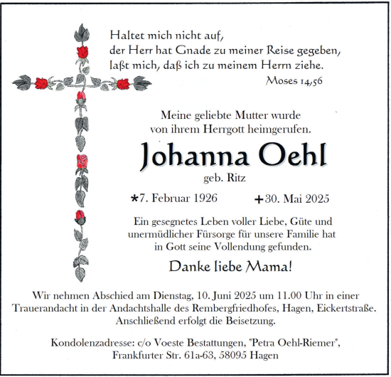 Traueranzeige von Johanna Oehl von Tageszeitung