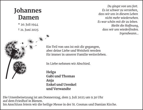 Traueranzeige von Johannes Damen von Tageszeitung