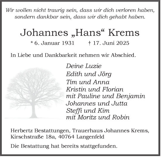 Traueranzeige von Johannes Krems von Tageszeitung