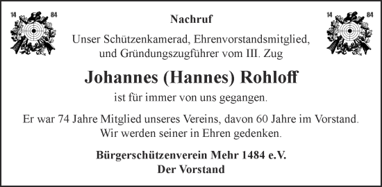 Traueranzeige von Johannes Rohloff von Tageszeitung