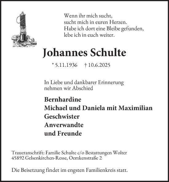 Traueranzeige von Johannes Schulte von Tageszeitung