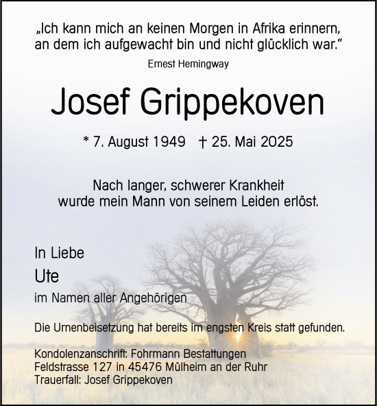 Traueranzeige von Josef Grippekoven von Tageszeitung