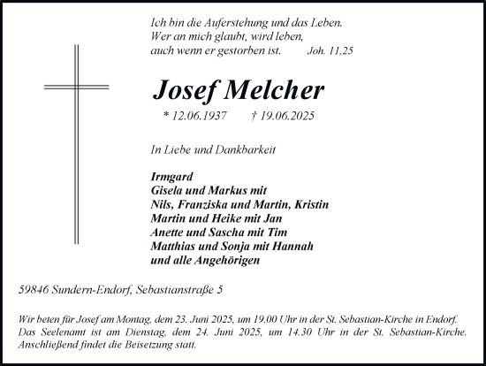 Traueranzeige von Josef Melcher von Tageszeitung