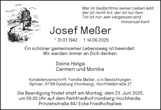 Traueranzeige von Josef Meßer von Tageszeitung
