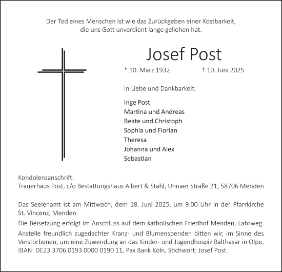 Traueranzeige von Josef Post von Tageszeitung