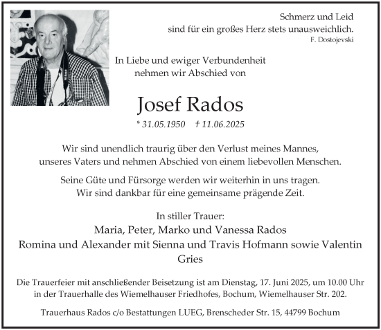 Traueranzeige von Josef Rados von Tageszeitung