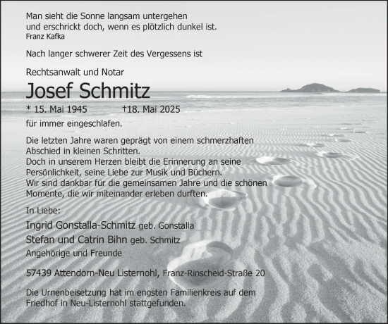Traueranzeige von Josef Schmitz von Tageszeitung