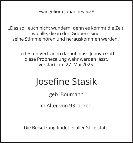 Traueranzeige von Josefine Stasik von Tageszeitung