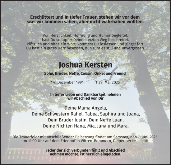 Traueranzeige von Joshua Kersten von Tageszeitung