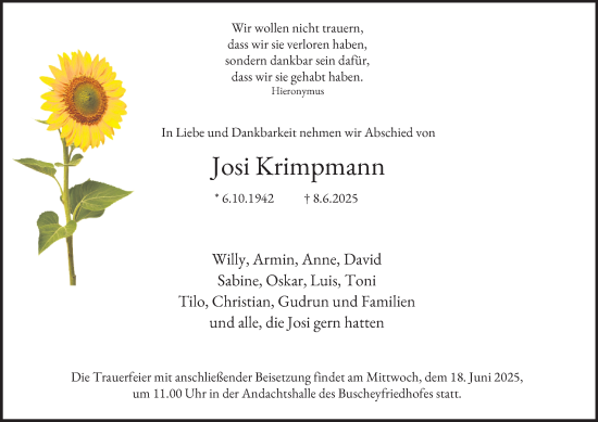 Traueranzeige von Josi Krimpmann von Tageszeitung
