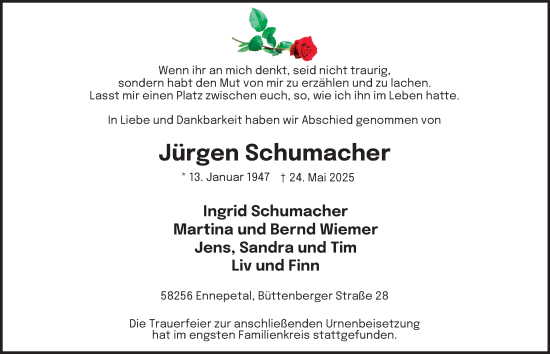 Traueranzeige von Jürgen Schumacher von Tageszeitung