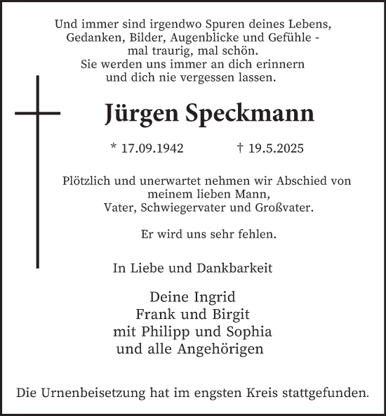 Traueranzeige von Jürgen Speckmann von Tageszeitung