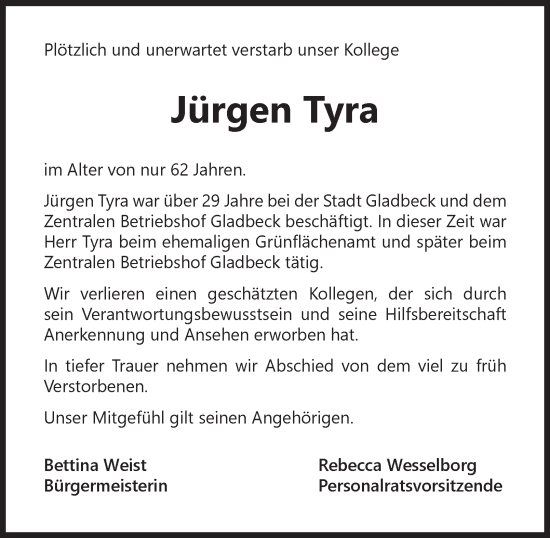 Traueranzeige von Jürgen Tyra von Tageszeitung